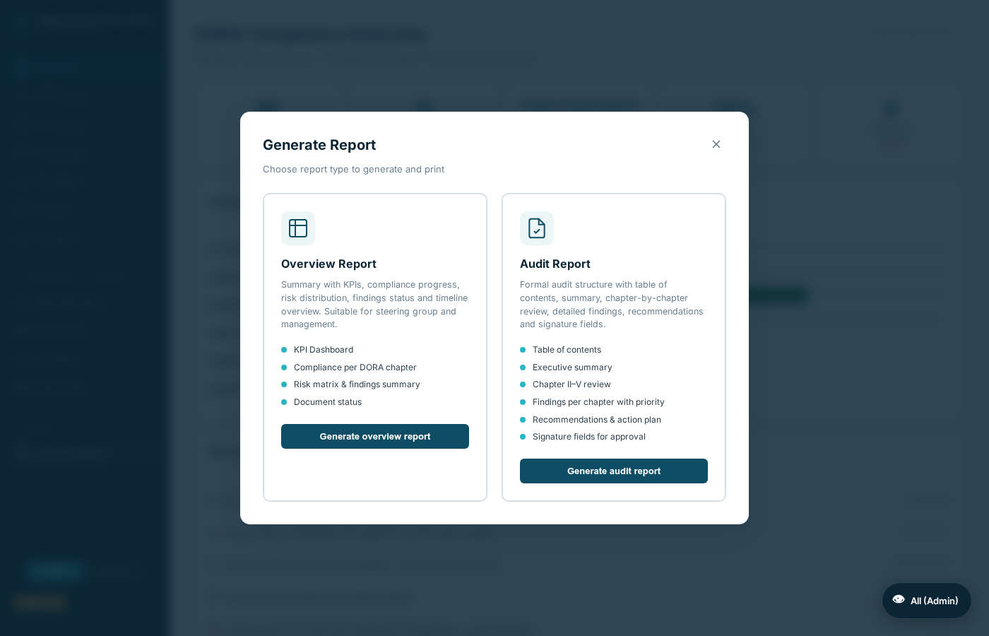 Report generation with Overview and Audit report options for board and regulatory submissions